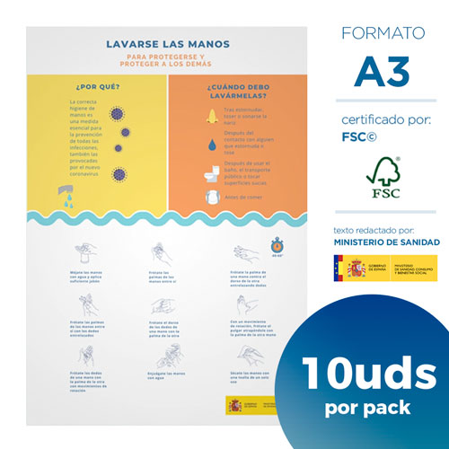 LAVARSE LAS MANOS Cartel de tamaño A3 con certificado FSC y textos redactados por el Ministerio de Sanidad Español