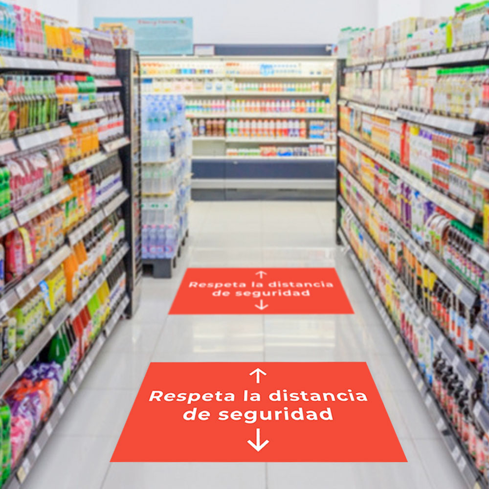 respete la distancia_simulacion vinilo con forma rectangular rojo respete la distancia de seguridad del coronavirus