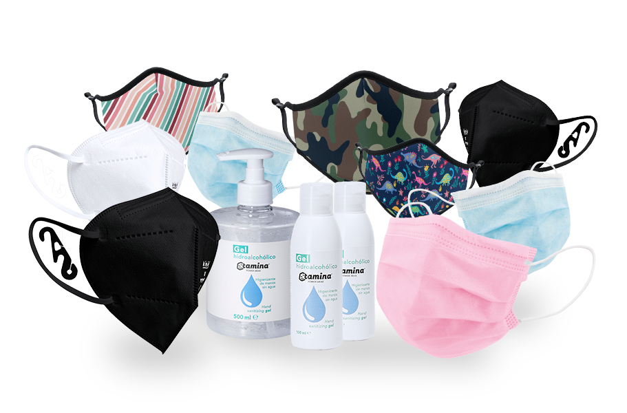 mascarilla quirúrgica, gel desinfectante hidroalcohólico, bodegón de productos